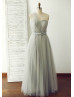 Convertible Silver Gray Tulle Pleated Elegant Bridesmaid Dress